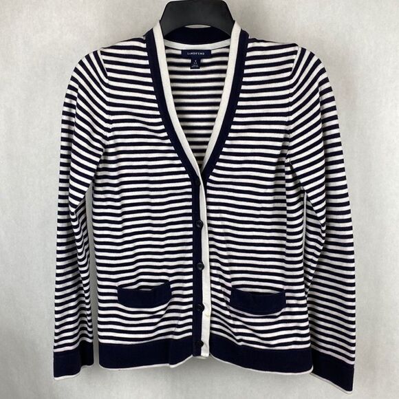 Lands’ End Cardigan Sweater Striped Small 6-8 Nautical Navy White Button Front - Picture 8 of 8